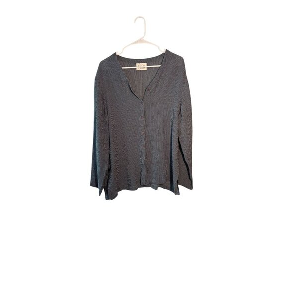 Eileen Fisher Womens Striped Button-Front V-Neck Long Sleeve Top M Rayon Gray/Wh - Picture 1 of 5